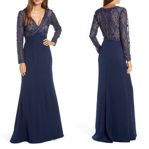 NEW TADASHI SHOJI Navy 3D EMBELLISHED Mesh Bodice LONG SLEEVE Trumpet GOWN 4